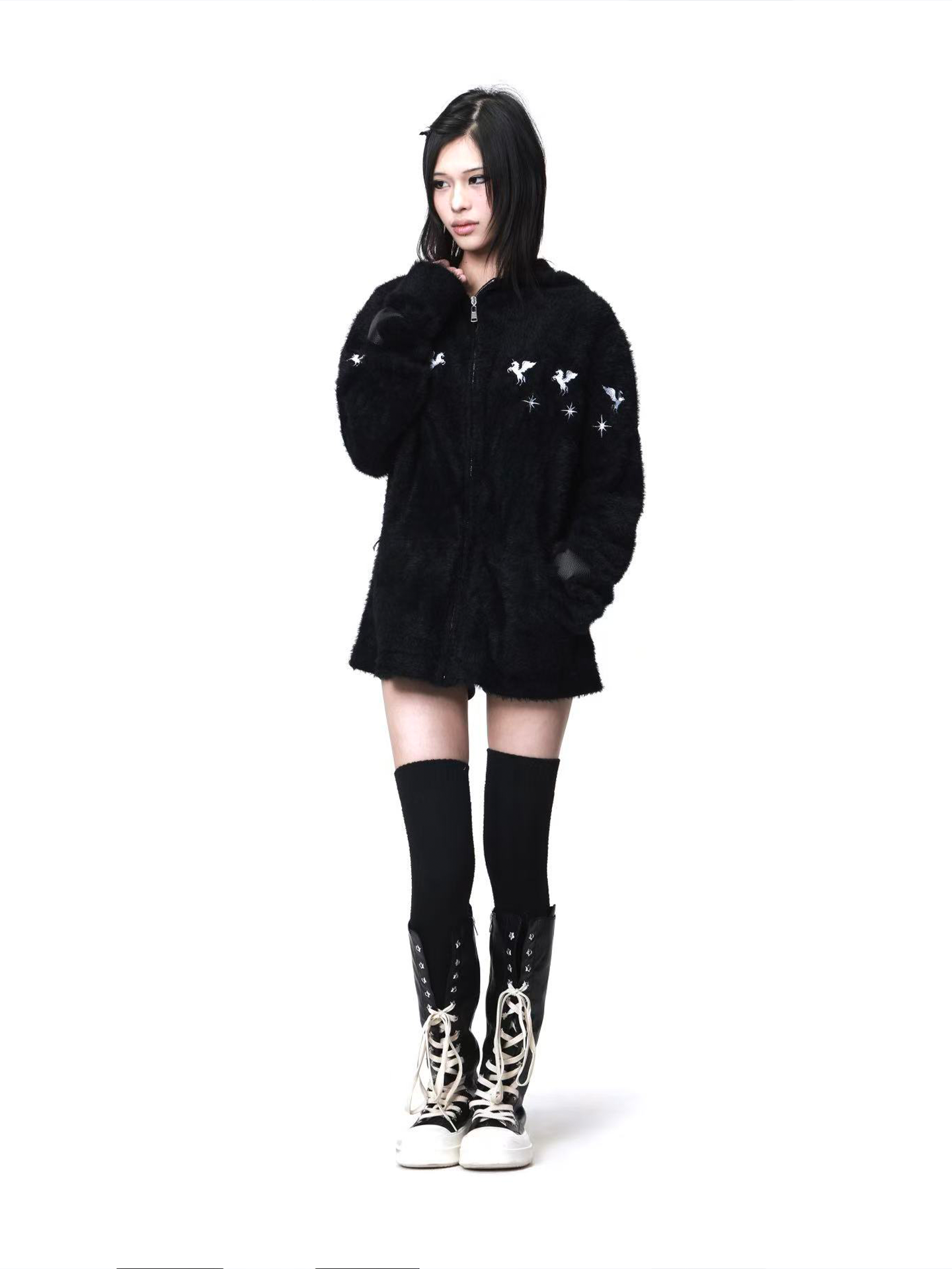 DETW Shoulder-down Zip Mohair Hooded Embroidered Jacket