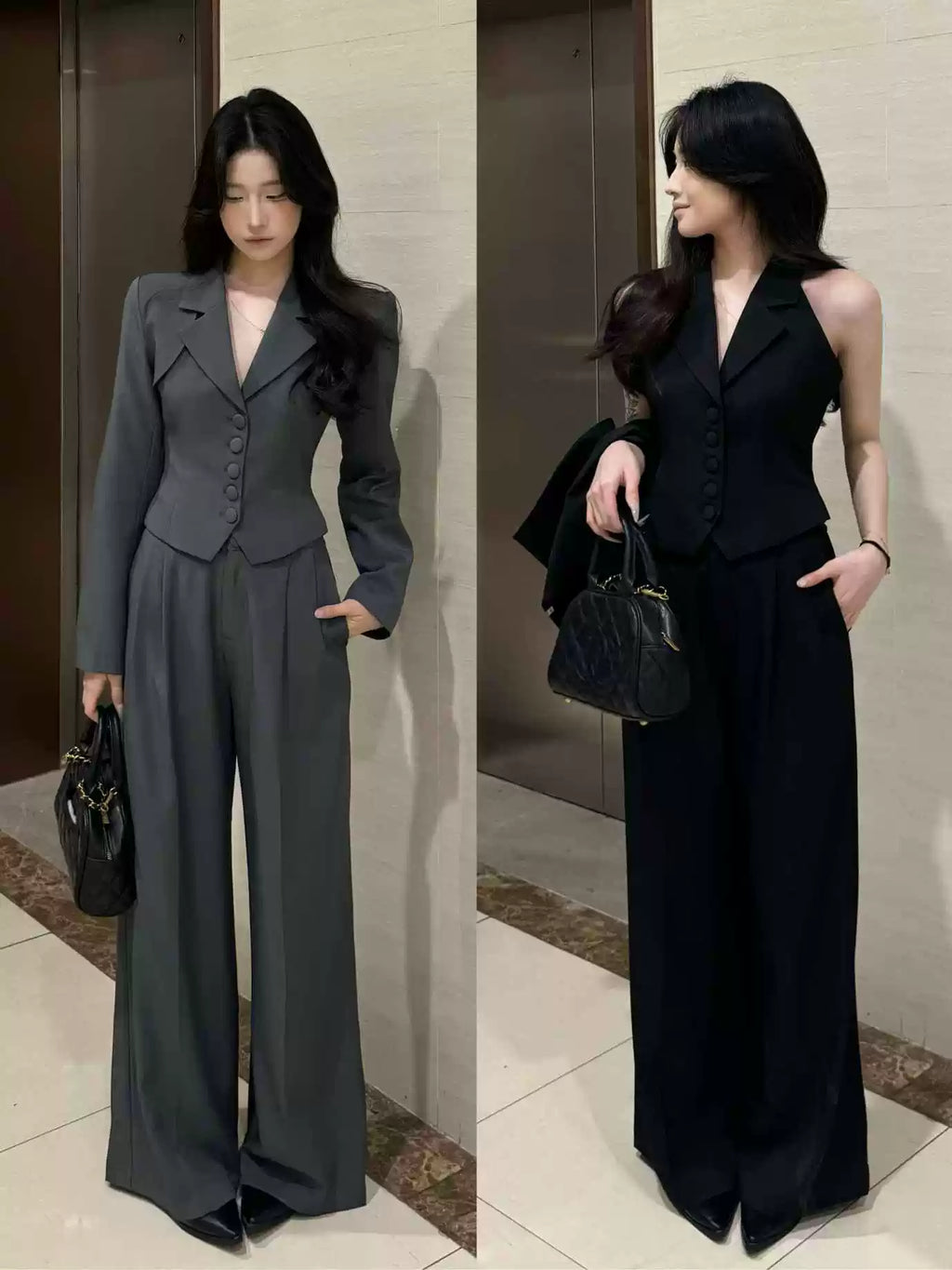 PANPANSTUDIO Workplace Commuter Wide Leg Pants Neck Suit Set