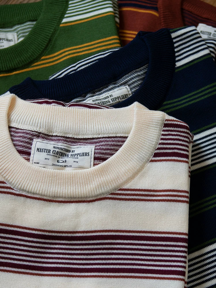 PrintAce Knitted Vintage Striped Crew Neck Front Shoulder Tee