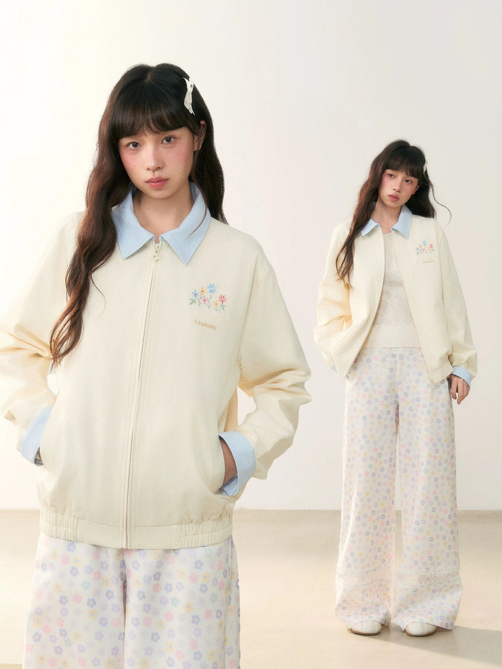 Umoumo Versatile Colour Matching Flower Embroidered Jacket