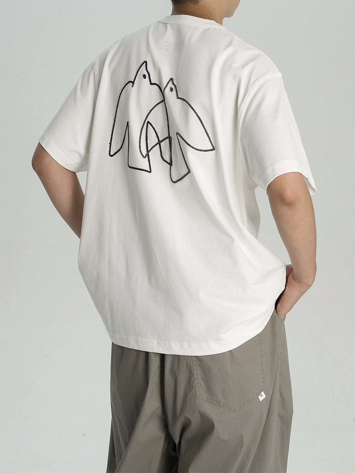AWT Bird Pattern Line Towel Embroidery Loose Tee