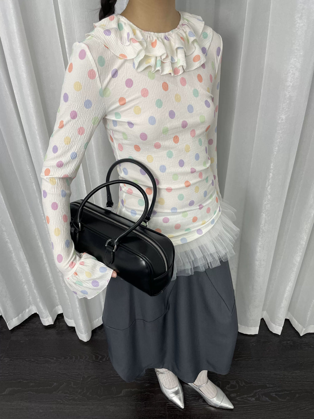 Loosesmell Fungus Edge Crew Neck Color Polka Dot Long Sleeve