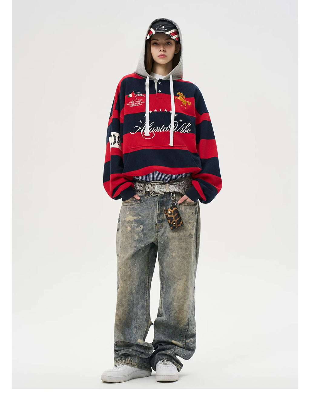 HACR Striped Stitched Embroidered Hooded Sweater