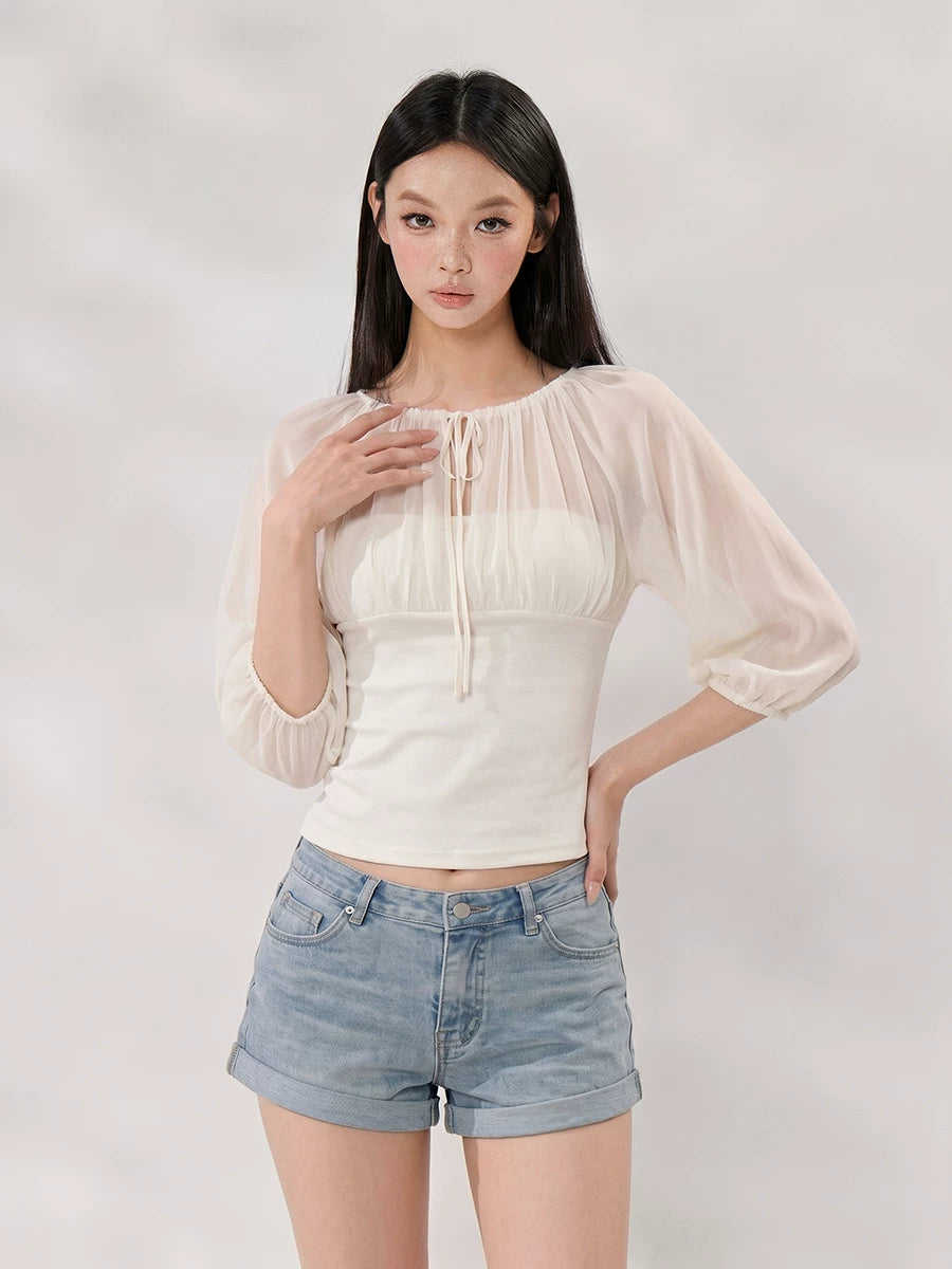 WITHMIN Front Shoulder Waist Thin Fake Two-piece Tee