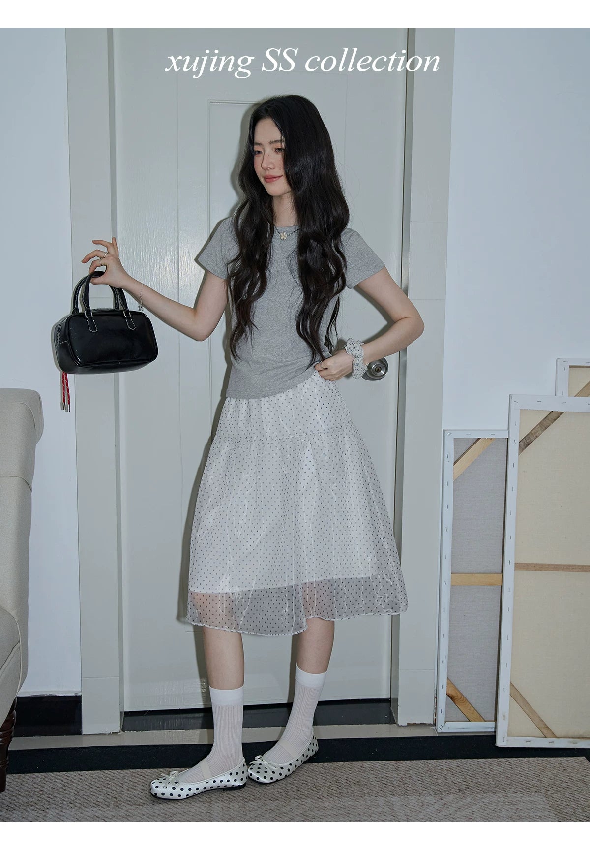 XUJING High-waisted Mesh Polka Dot Skirt