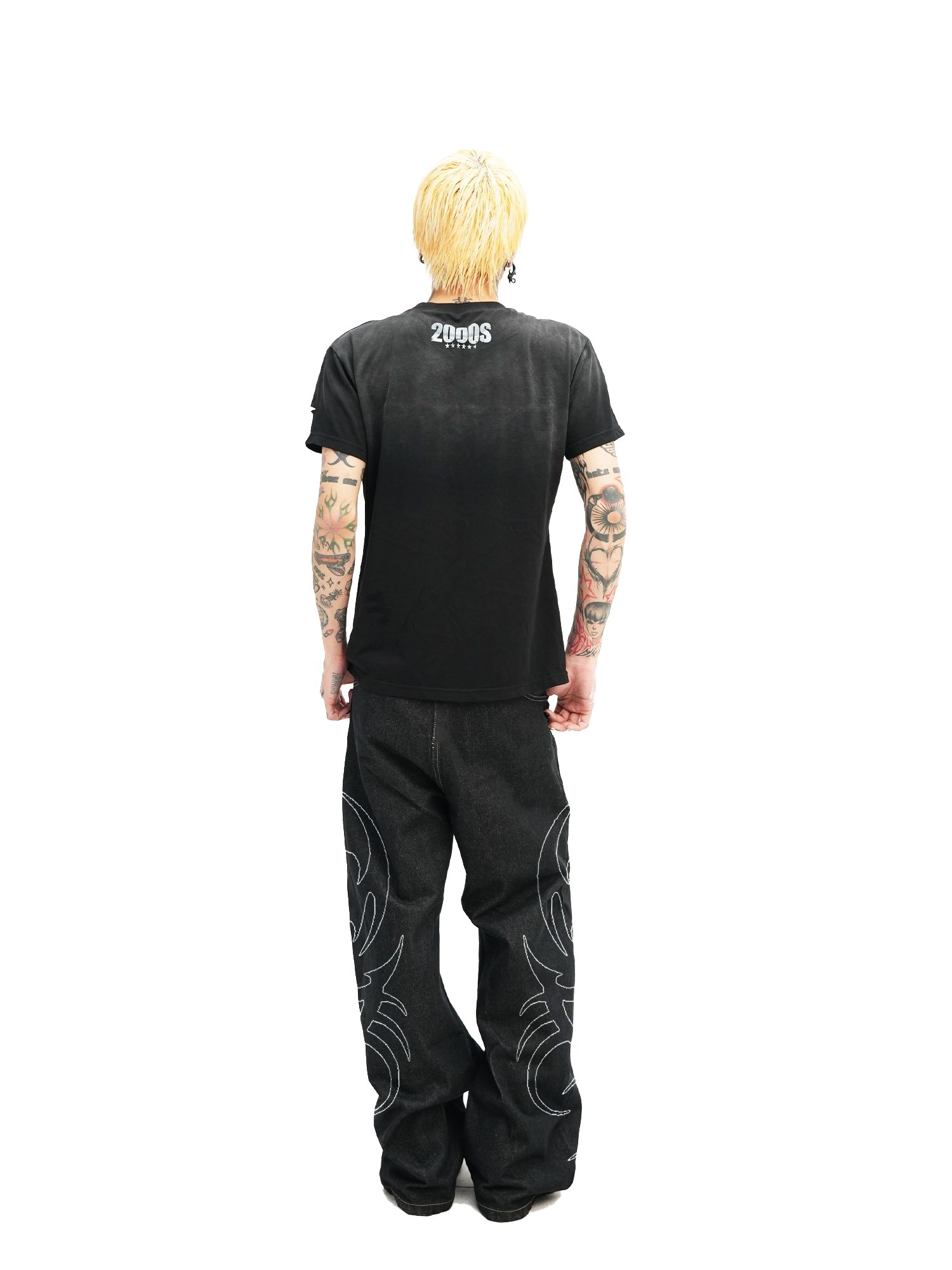 DETW 25ss * "2000S" washing destruction slogan front shoulder slim short sleeve Tee