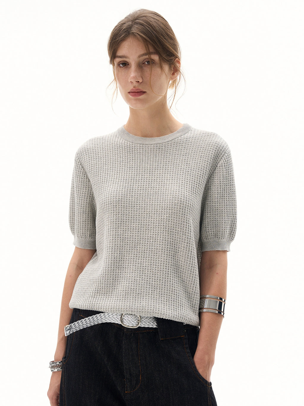 MADWITCH Simple Texture Waffle Knitting Tee
