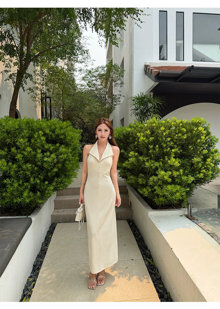 NEVA HU Halter Collar Backless Dress