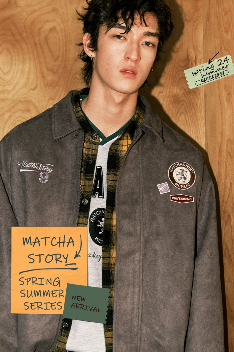 MATCHA STORY Embroidered Badge Vintage Tooling Jacket