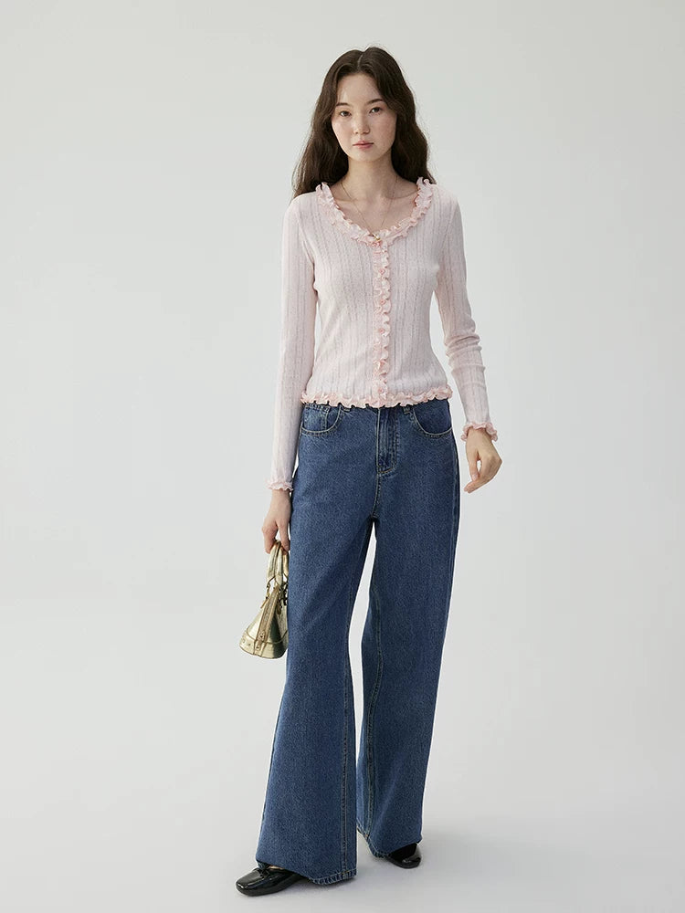 VOOE Fungus Lace U-Neck Sweet Long Sleeves