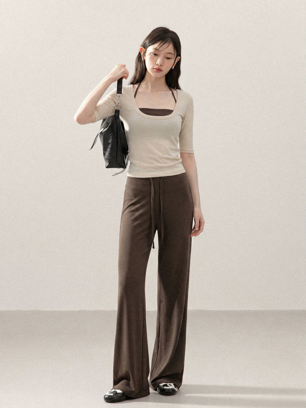 Cantonstory U-neck Suspender Five-quarter Sleeve Tee Slacks Set