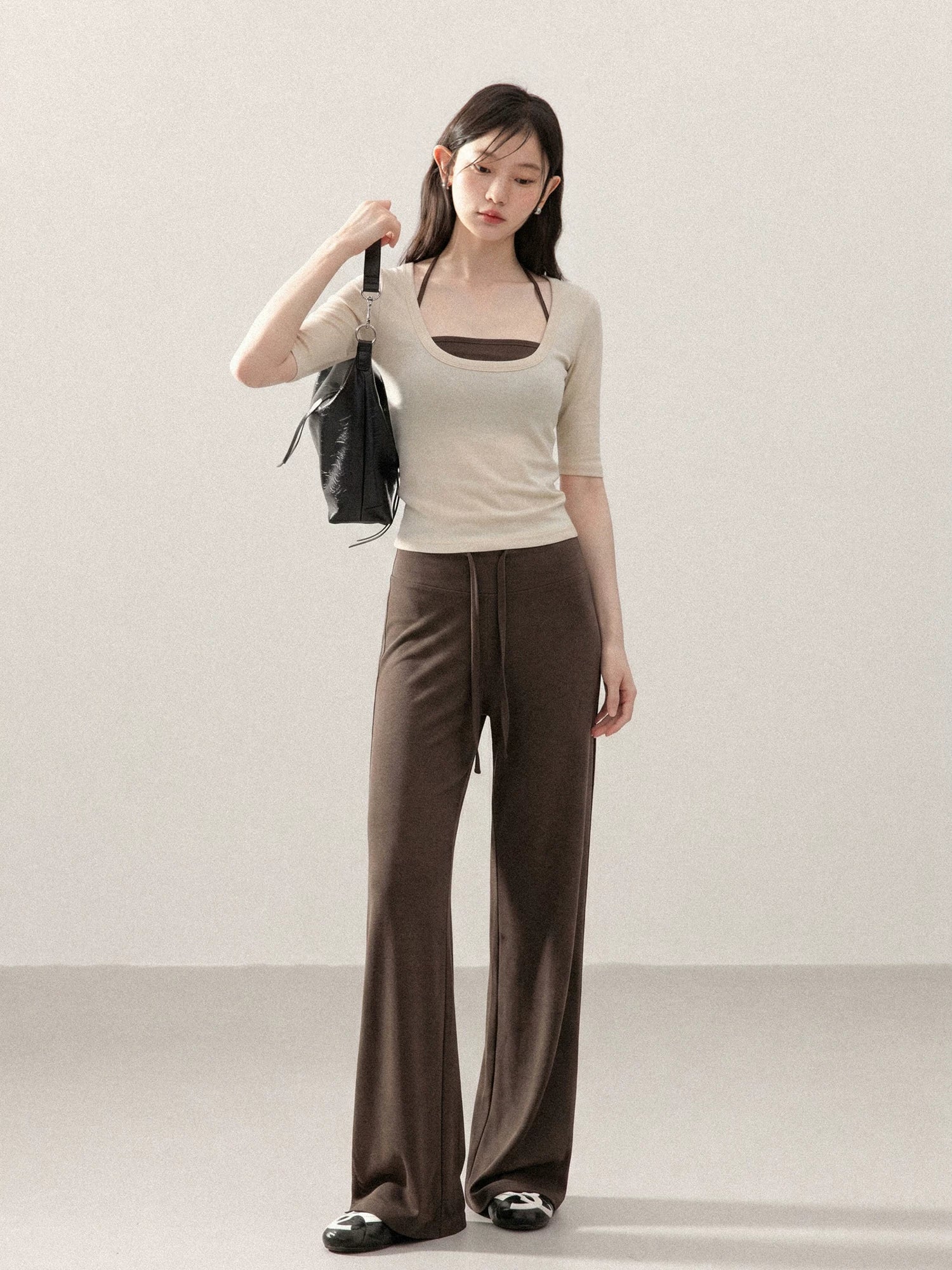 Cantonstory U-neck Suspender Five-quarter Sleeve Tee Slacks Set
