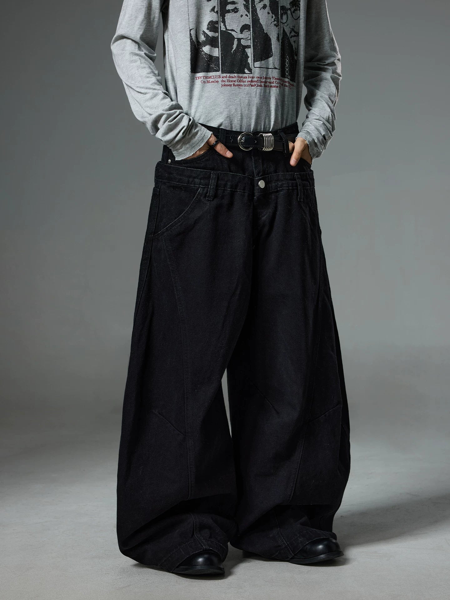 BTSG retro baggy double waist leopard print graffiti print loose wide leg jeans