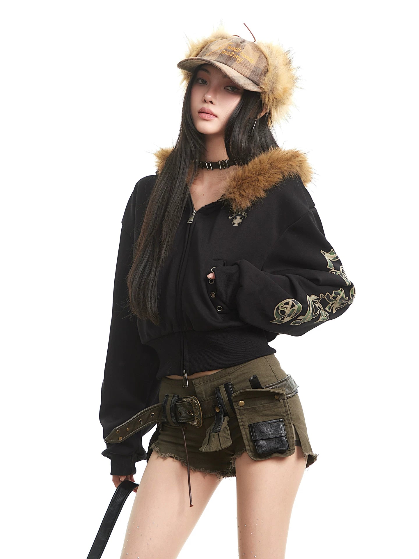 UNCMHISEX Fur-neck Letter-embroidered Short Cardigan Jacket
