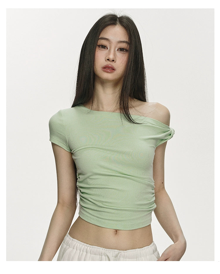 Anna Aneae Slanted Shoulder Slim-fit Temperament Short Knitted Top