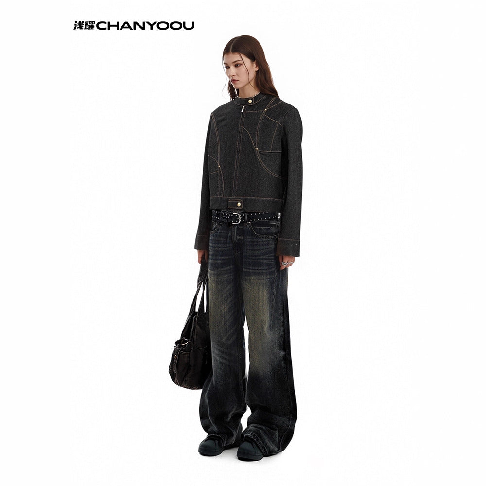 CHANYOOU Vintage Stand-up Collar Deconstructed Denim Jacket