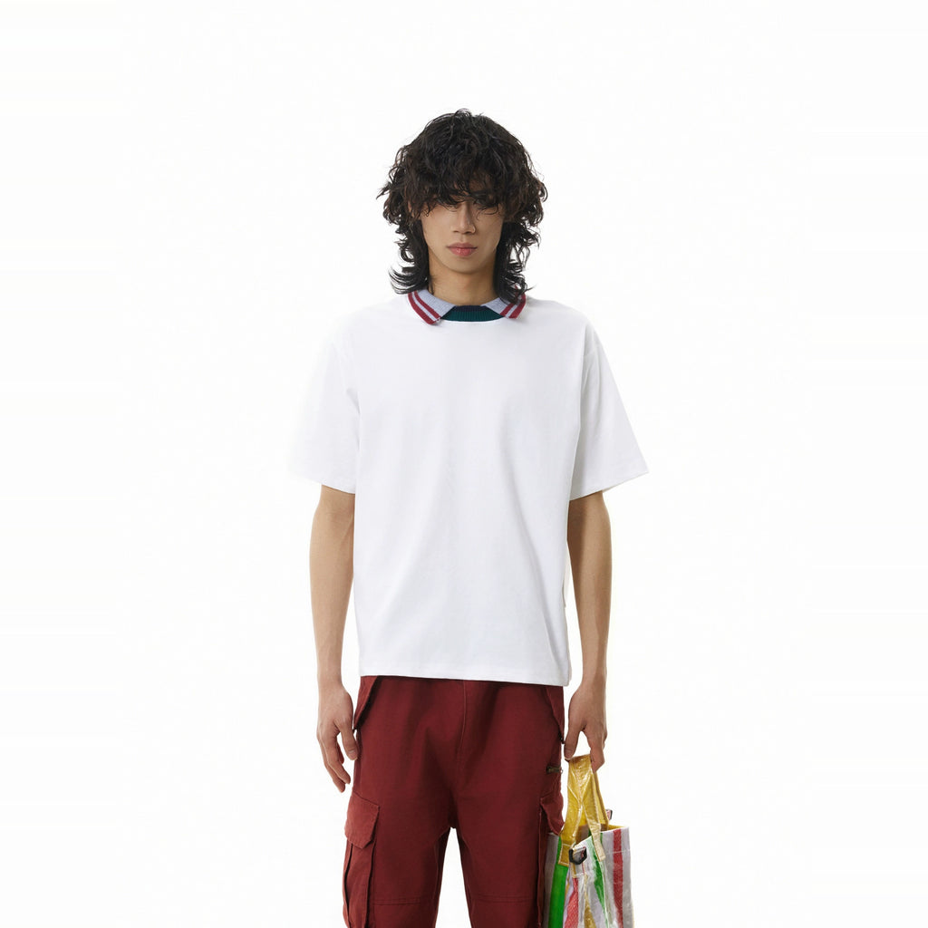 BTSG three-color splicing threaded neckline lapel Tee