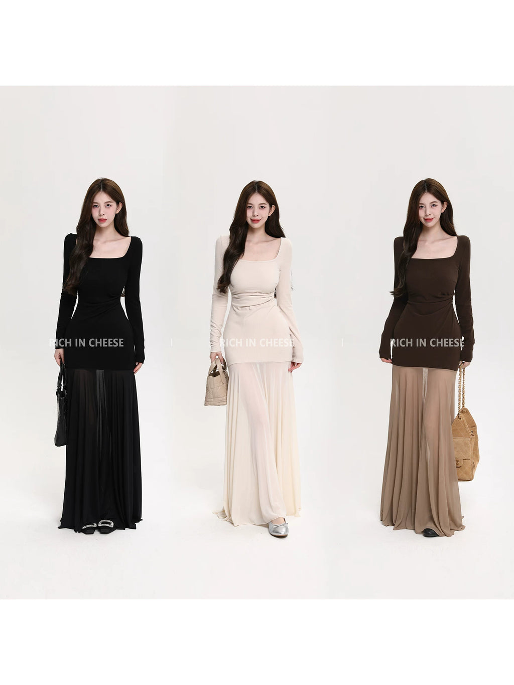 RICH IN CHEESE Stitched Fishtail Mesh Waist Dress