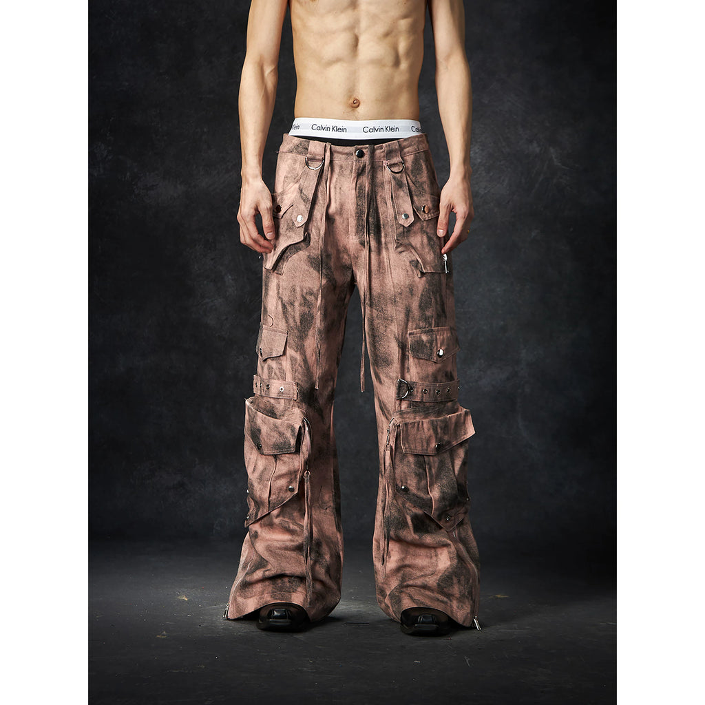 NOMANIAI Old Dirty Multi-pocket Straight Wide-leg Floor-mopping Overalls