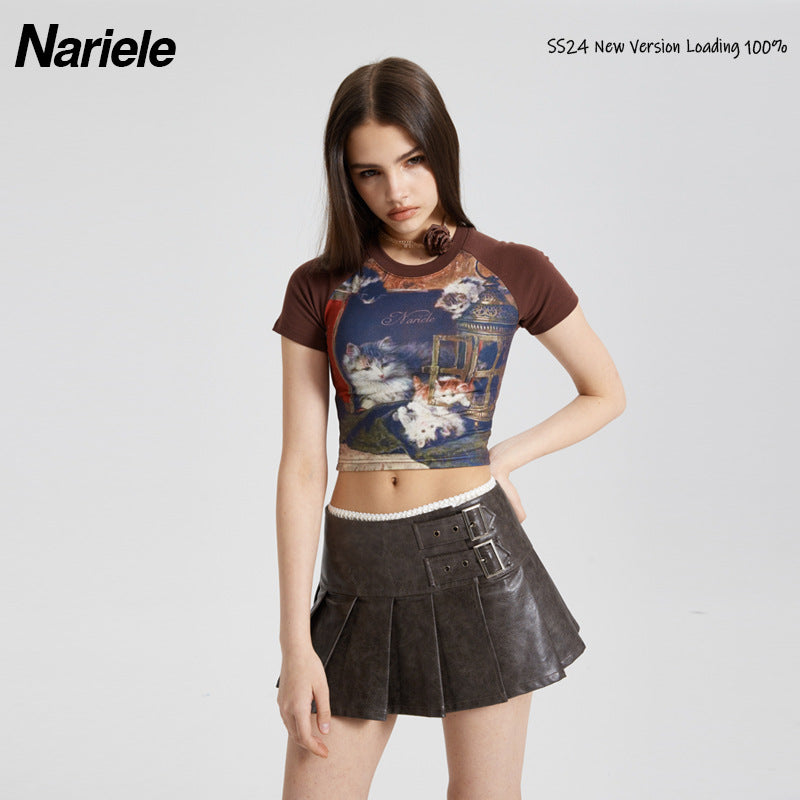 Nariele Cat Digital Print Button Tee