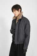 Stay The Night Striped Front Shoulder Removable Fur Collar Cotton Suit