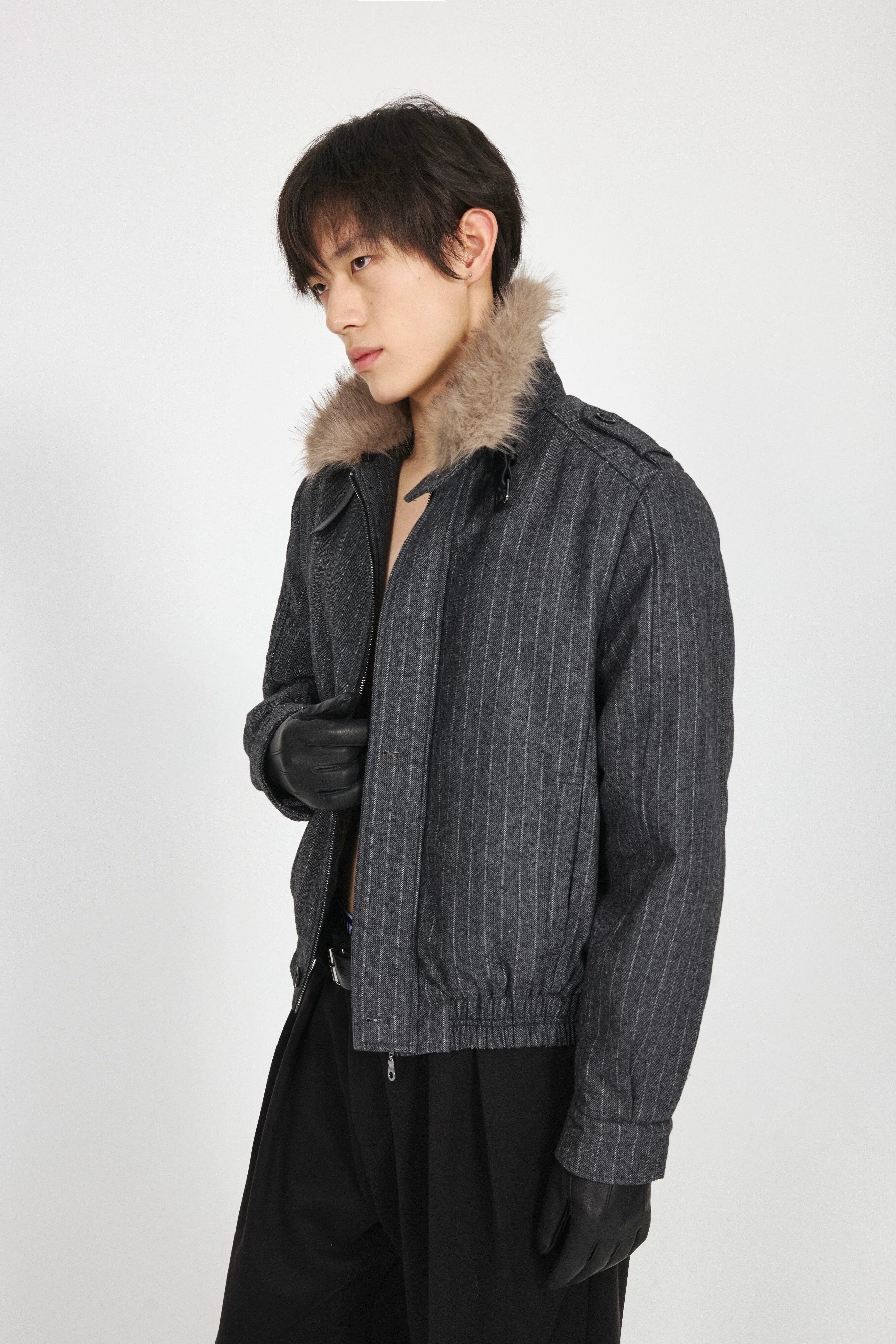 Stay The Night Striped Front Shoulder Removable Fur Collar Cotton Suit