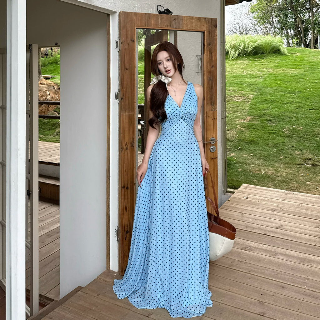 INSTUNNING Vintage Polka Dot V-Neck Sleeveless Long Dress