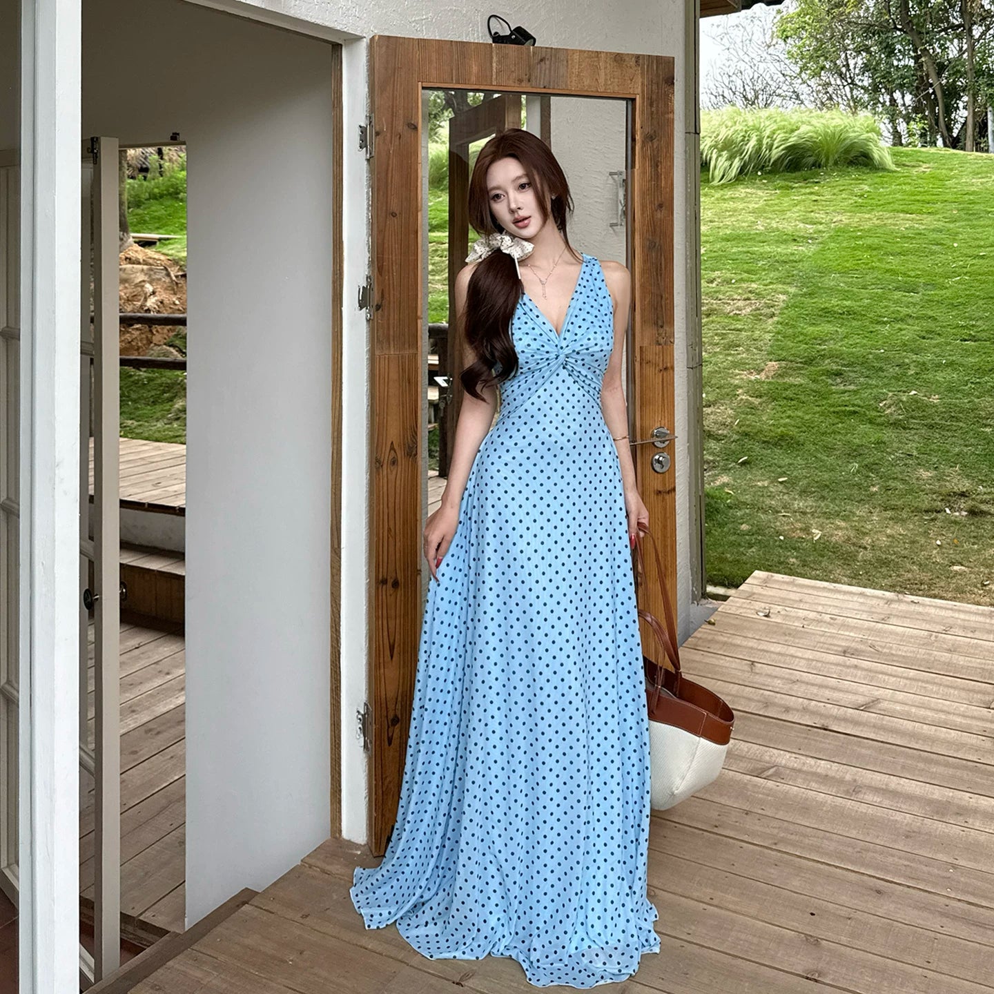 INSTUNNING Vintage Polka Dot V-Neck Sleeveless Long Dress