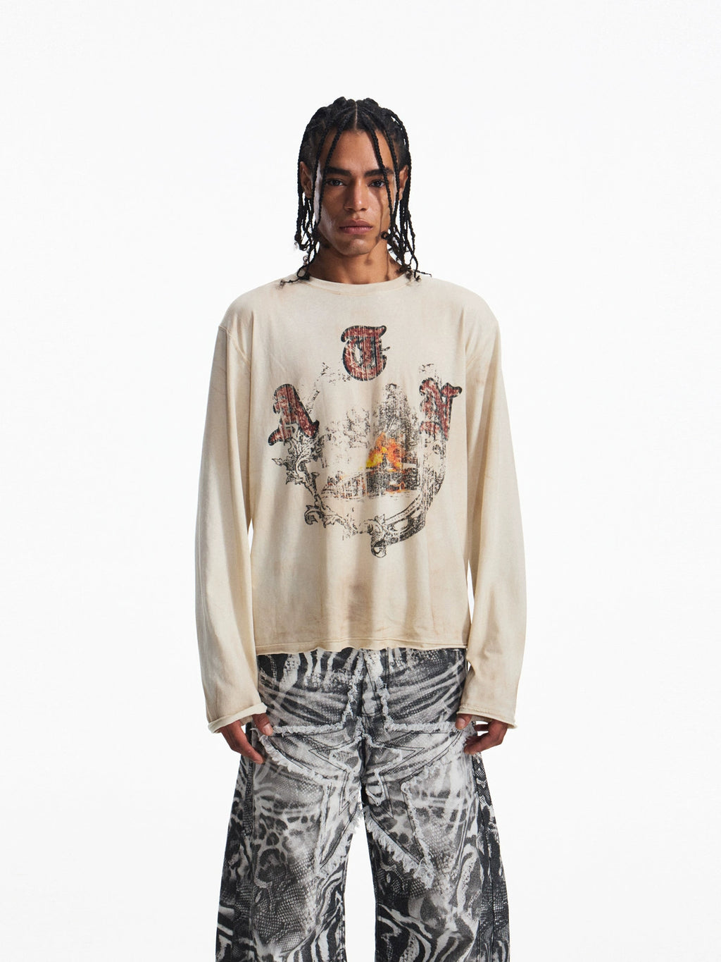 PEOPLESENSE Vintage Old Printed Loose Crew Neck Long Sleeves