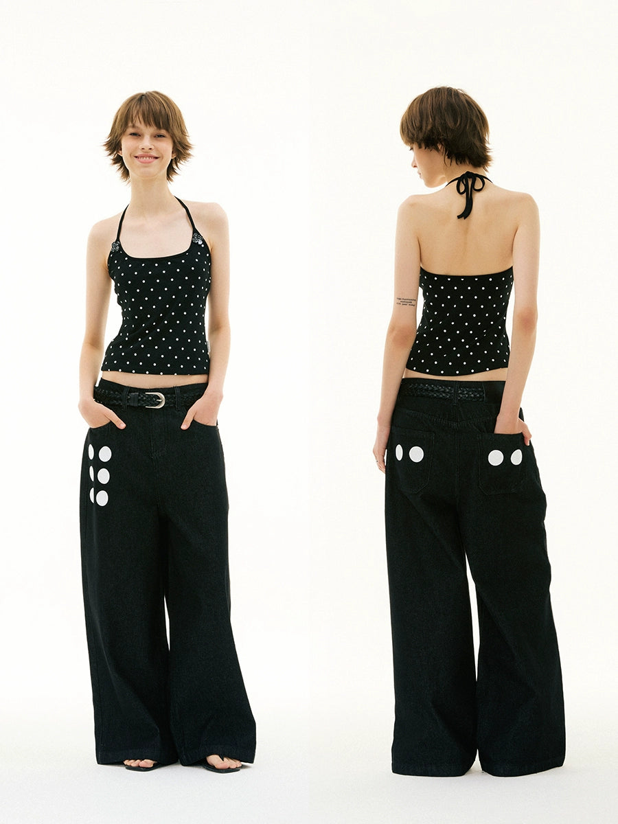 FUNKYFUN Front and Rear Polka Dot Print Loose Jeans