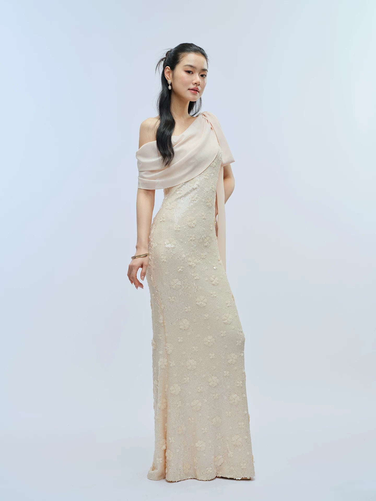 J TheChosen Slanted Shoulder Sequined Stretch Slim Dress