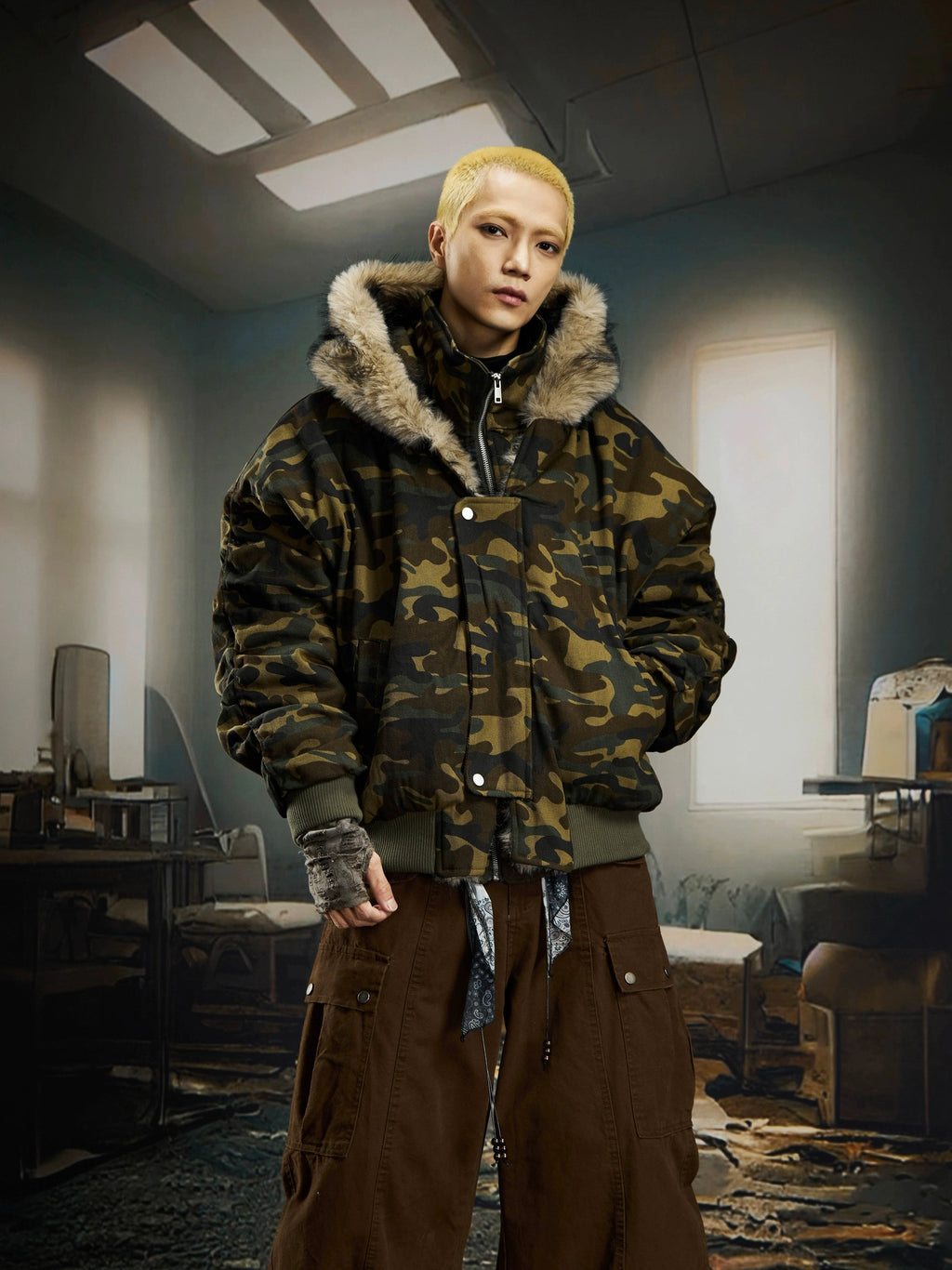 NOMANIAI Camouflage Stand-up Collar Hooded Flight Jacket