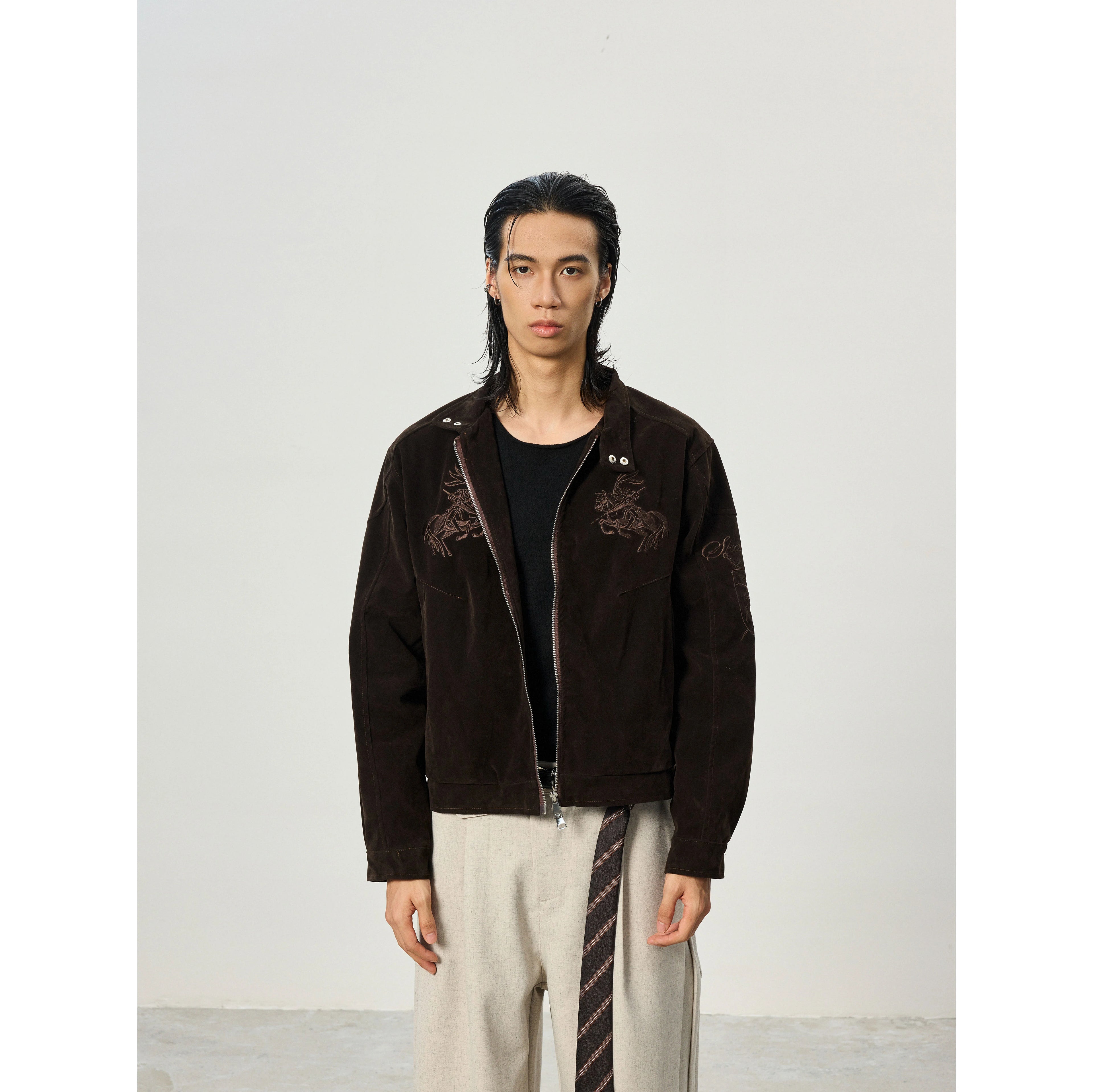 BTSG Vintage Embroidered Suede Stand-Up Jacket