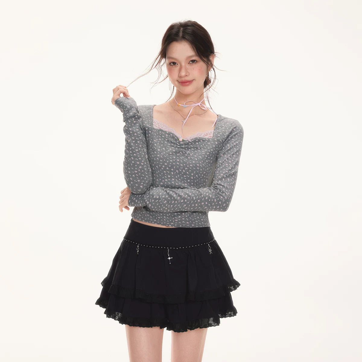IMONE Double Pleated Lace Skirt