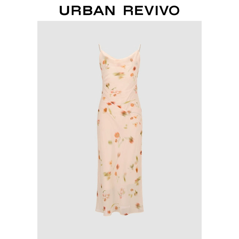 URBAN REVIVO Wave Swinging Neck Romantic Print Suspender Dress