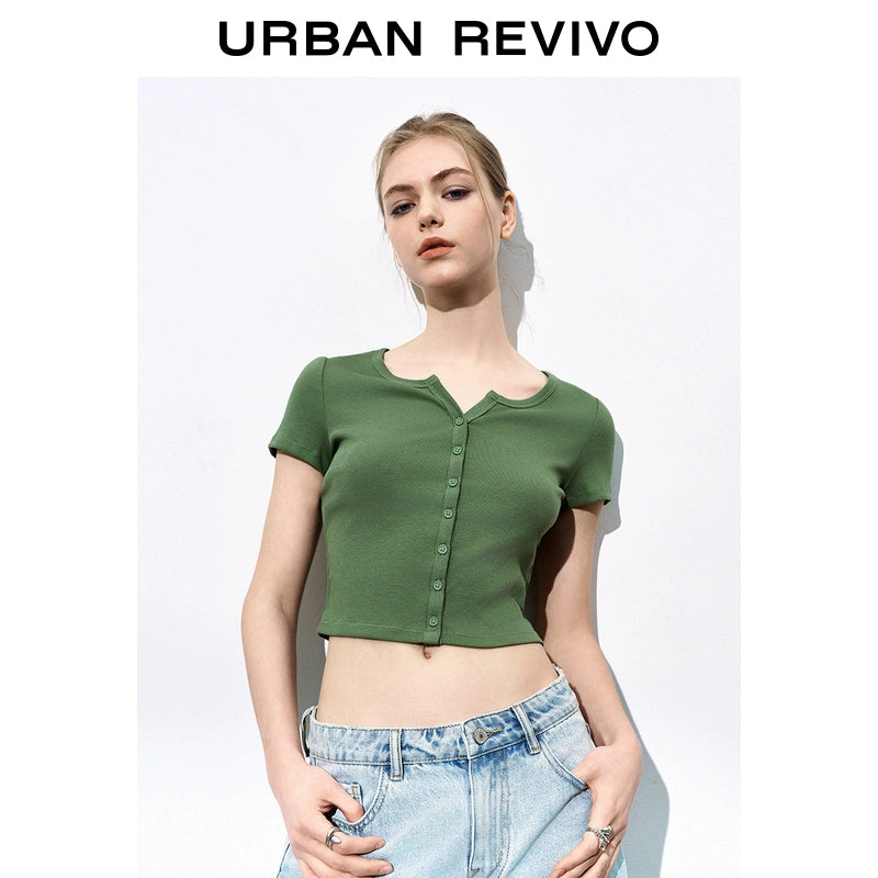URBAN REVIVO Simple Versatile Button Slim Tee
