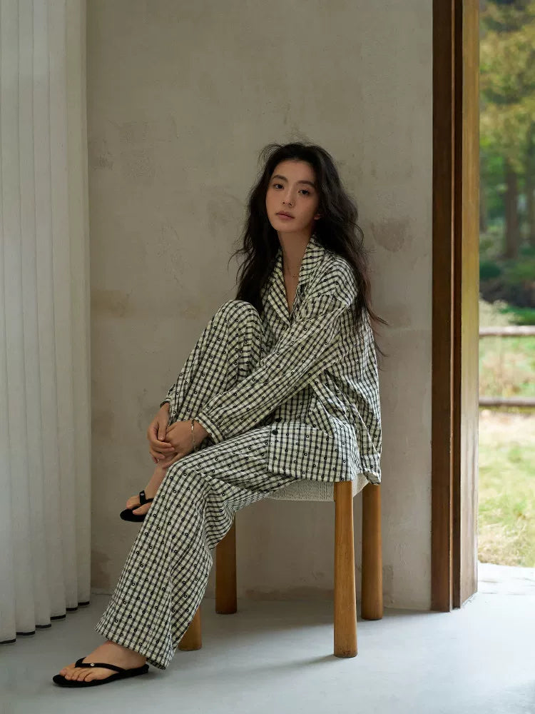YUENEI Plaid Cotton Long-sleeved Trousers Pajamas