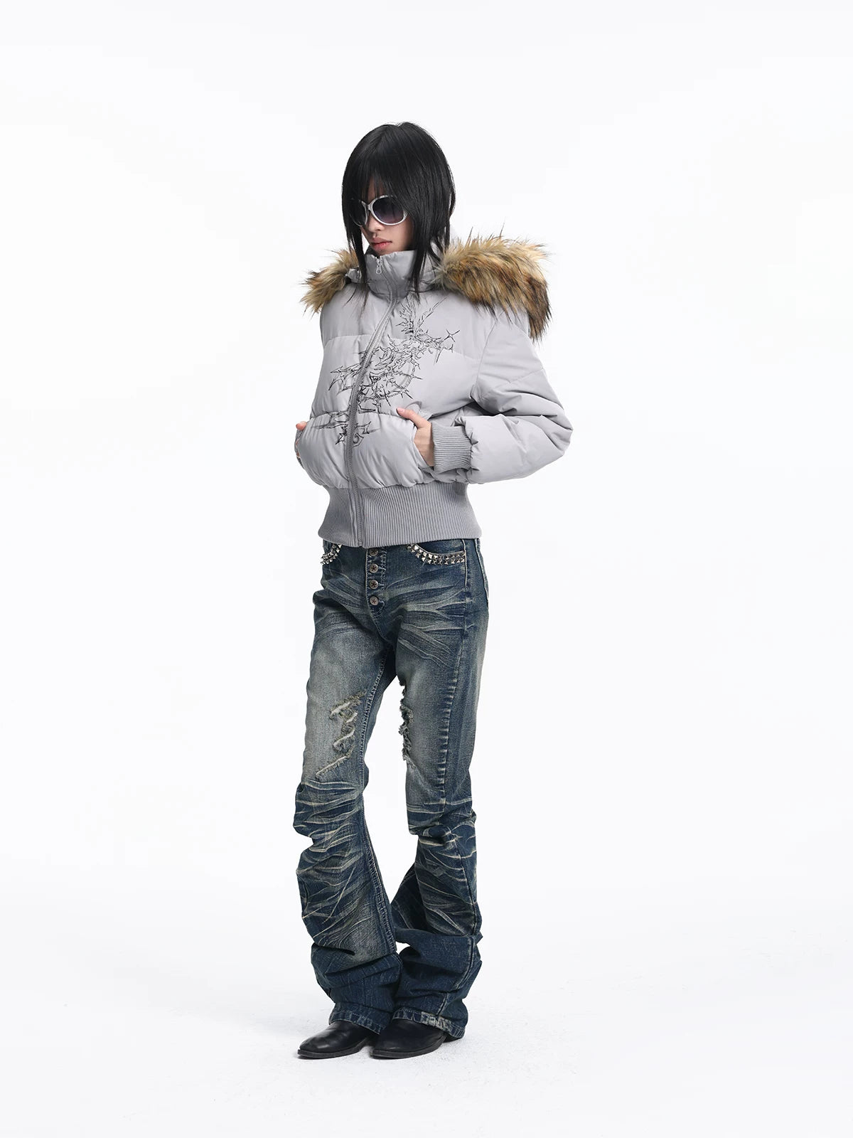 Lightinus Print Stand-up Collar Slim-fitting Cotton Jacket