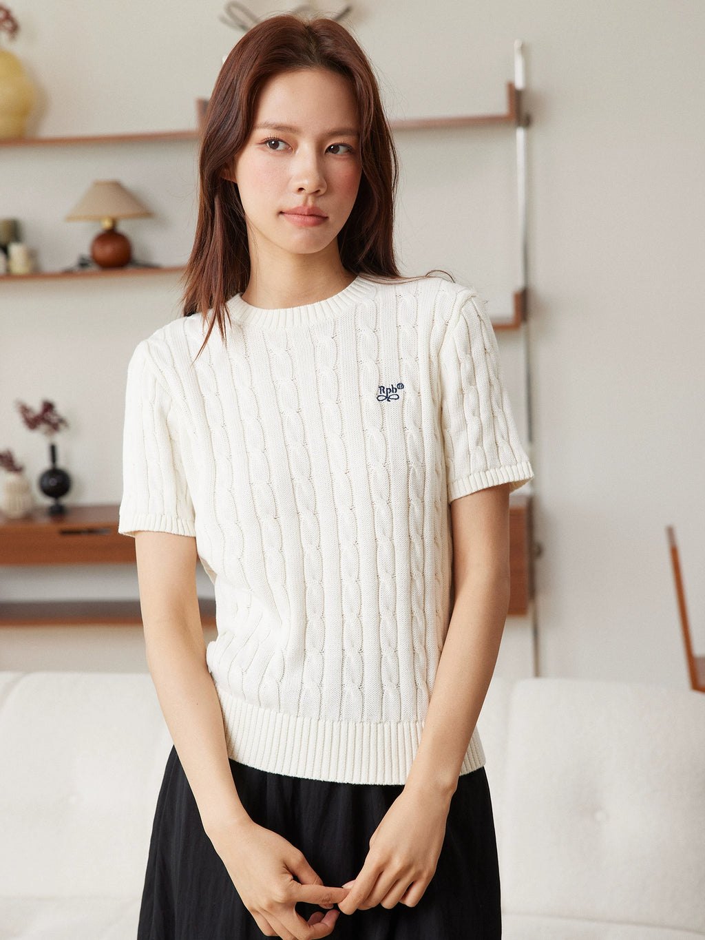 RPB BRAND Korean Twisted Texture Knitted Embroidered Sweater Short Sleeve