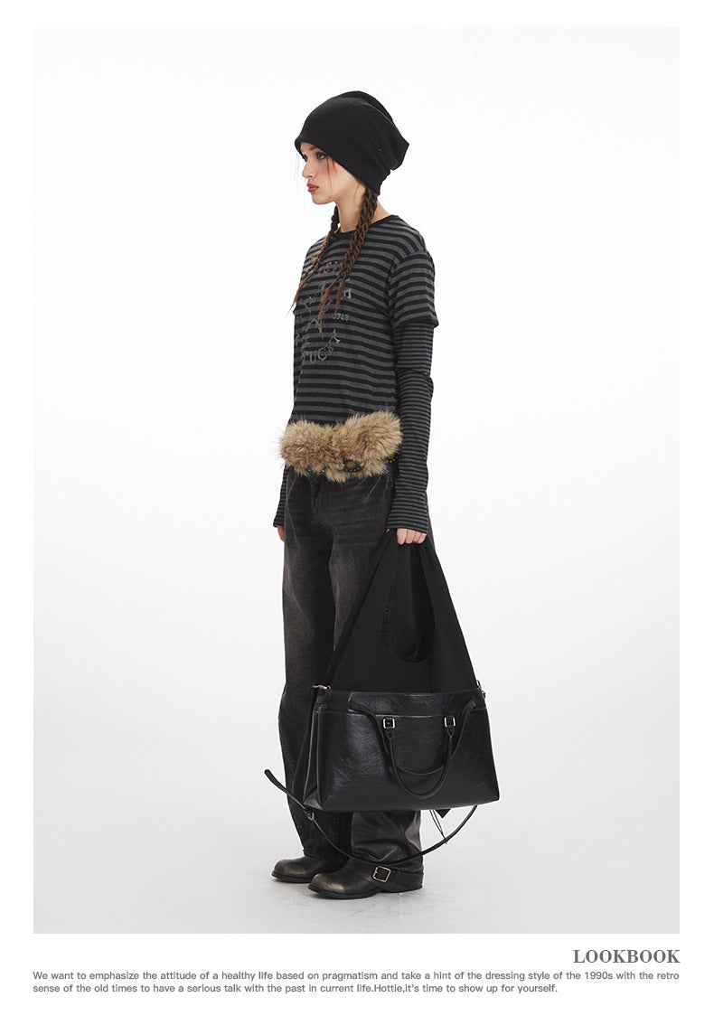 Nariele Vintage Striped Fake Two Piece Short Long Sleeve