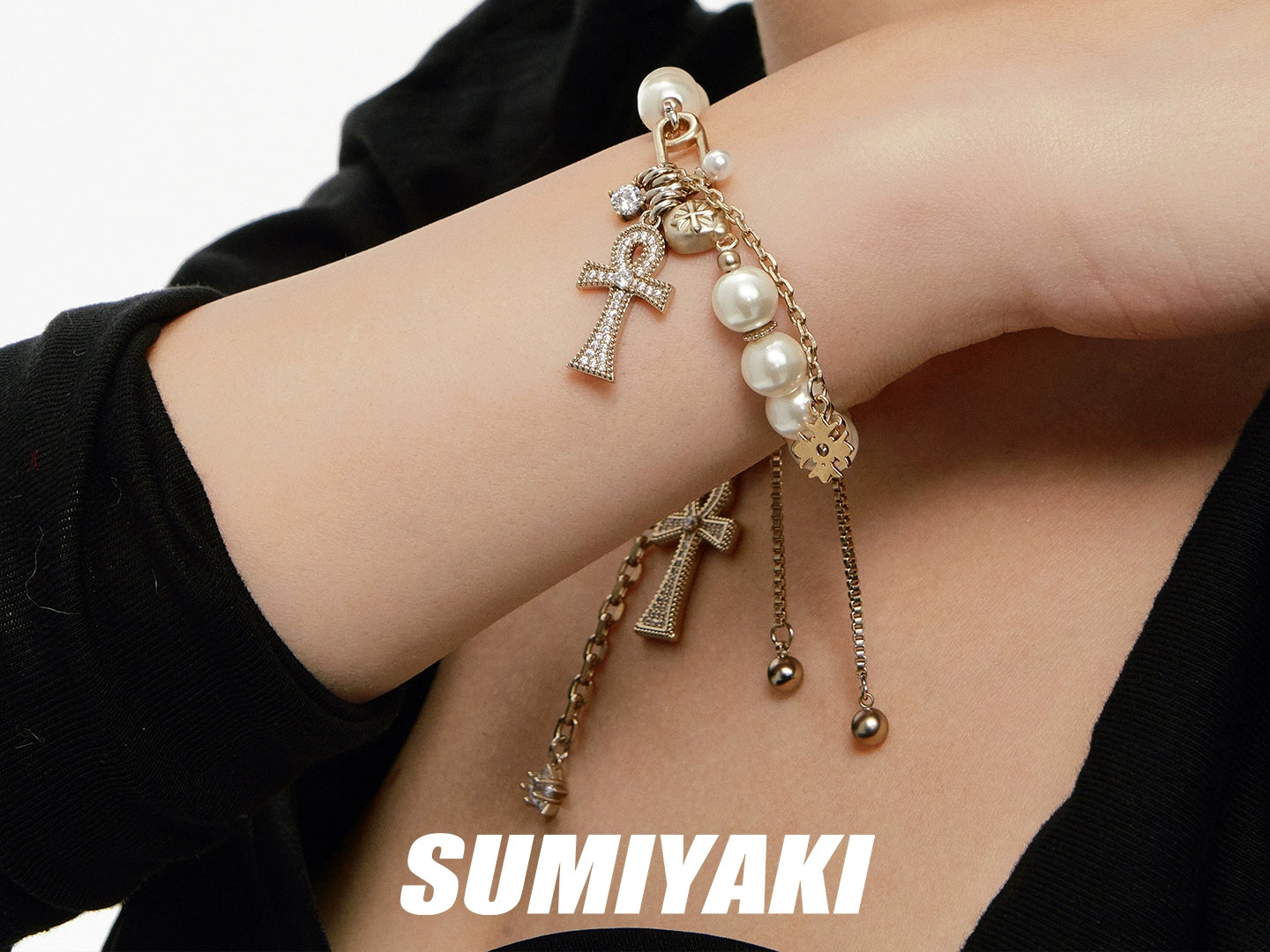 SUMIYAKI Full Diamond Cross Pearl Bracelet
