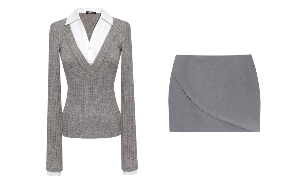 LLROGE Wool Stitching Fake Two-piece Shirt Skirt Set