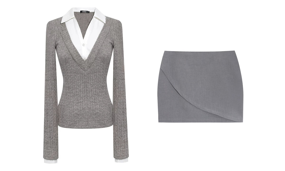 LLROGE Wool Stitching Fake Two-piece Shirt Skirt Set