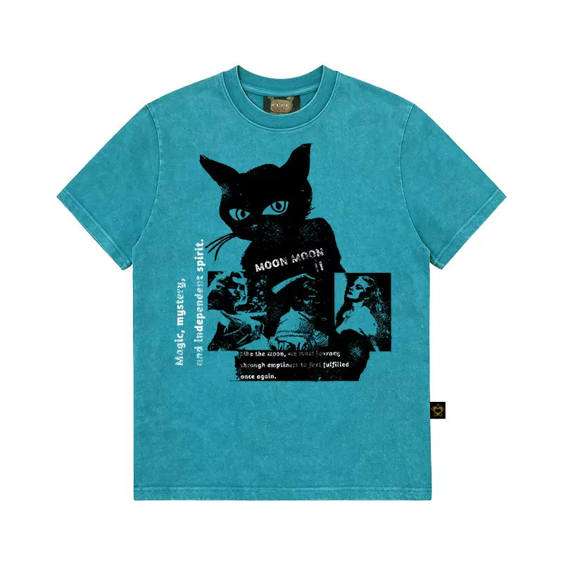 MMBBT Black Cat Print Casual Short Tee