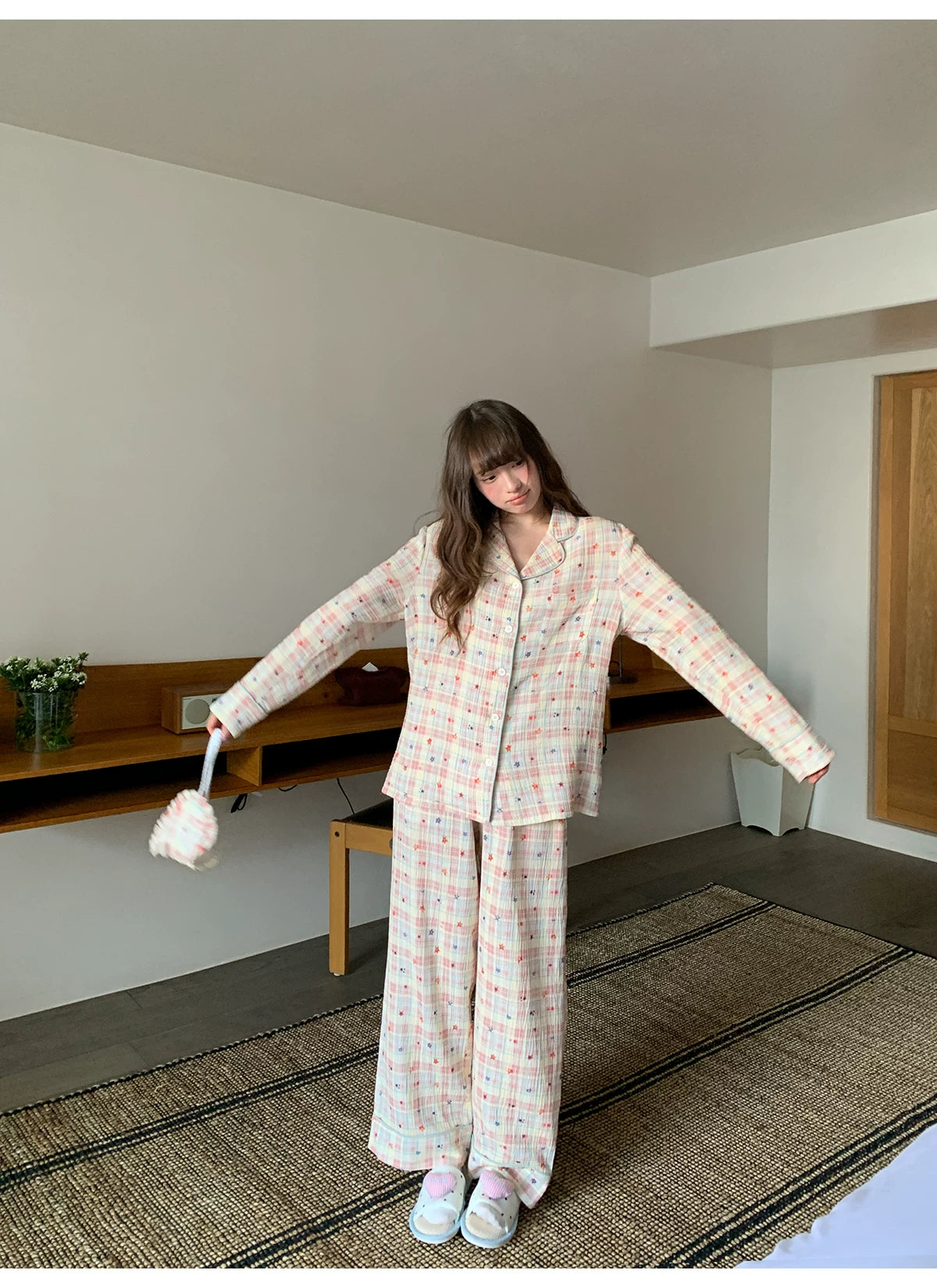 KANO Cuban Collar Print Casual Pajama Set