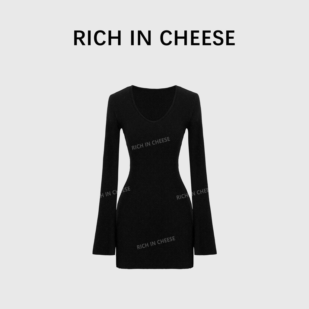 RICH IN CHEESE Waist Slim Knitted Long-sleeved Dress