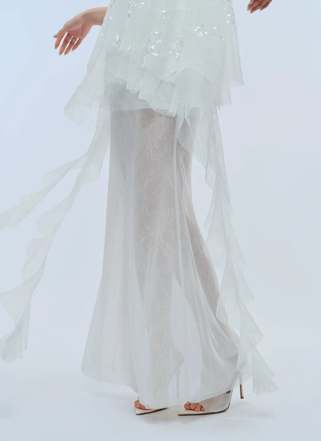 J TheChosen Pleated Sequined Streamer Lace Mesh Skirt Set