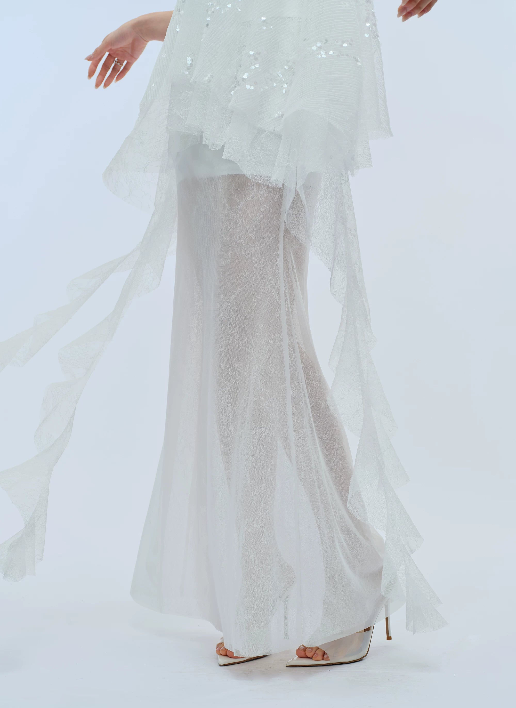 J TheChosen Pleated Sequined Streamer Lace Mesh Skirt Set