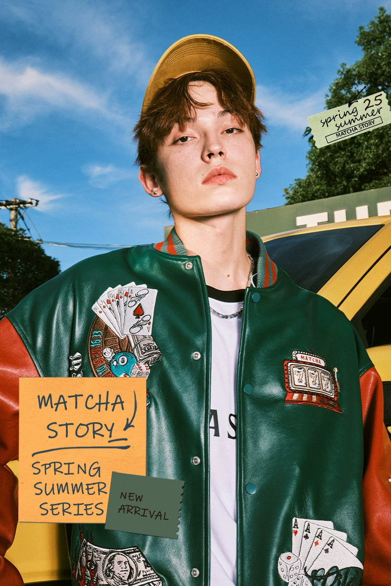 MATCHA STORY PU Leather Heavy Industry Embroidered Baseball Jersey