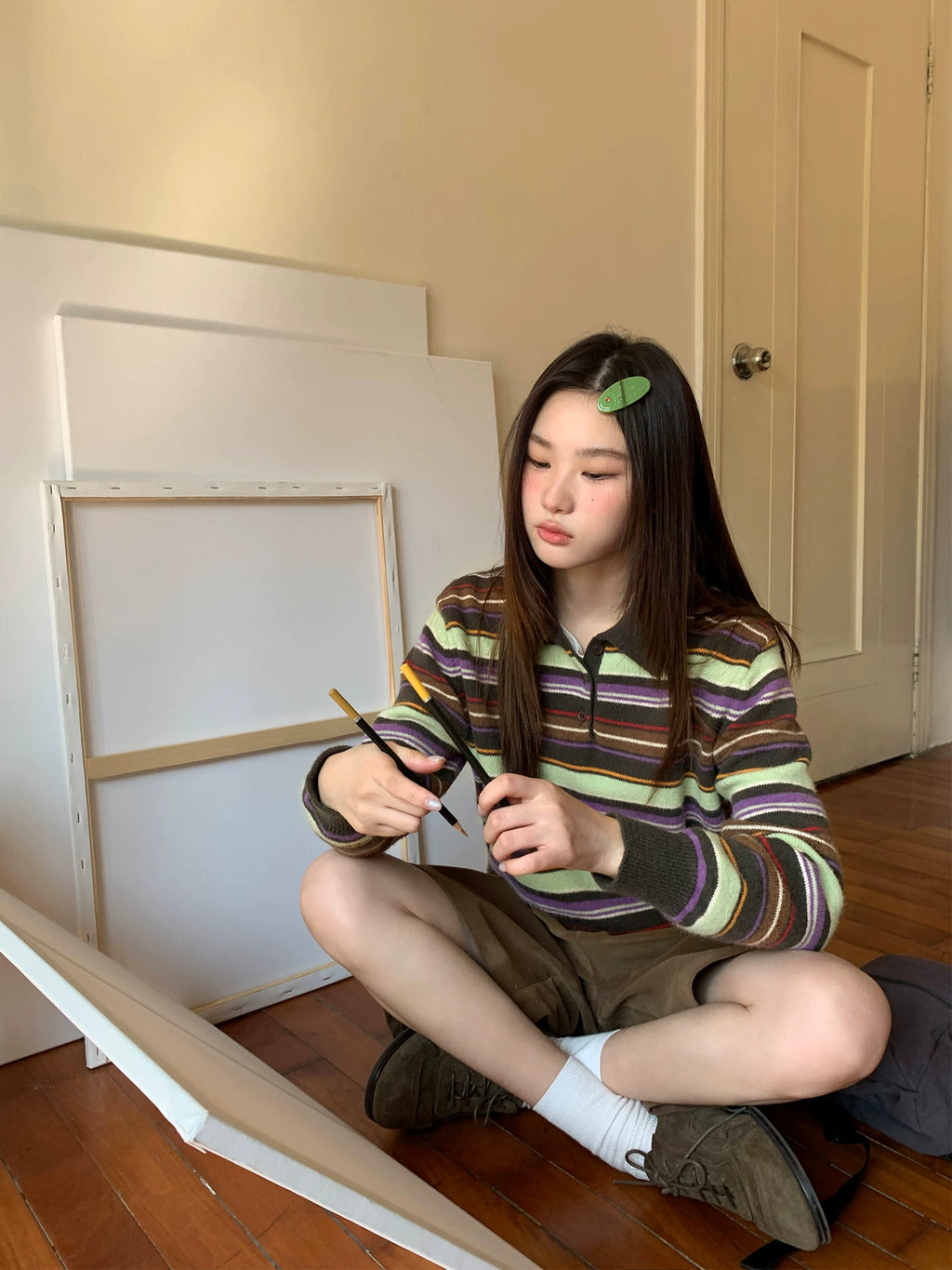 KANO Striped POLO Neck Long Sleeve Knit